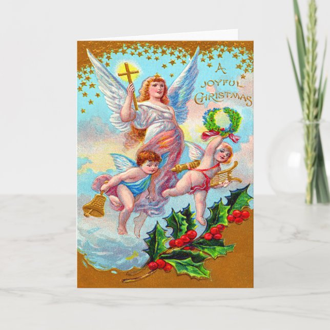 Angel Cherub Christian Cross Bell Wreath Holly Holiday Card (Front)