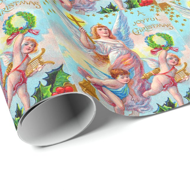 Angel Cherub Christian Cross Bell Wreath Holly Wrapping Paper (Roll Corner)