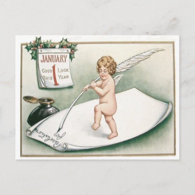 Angel Cherub Holly Calendar Resolution Letter Postcard (Front)