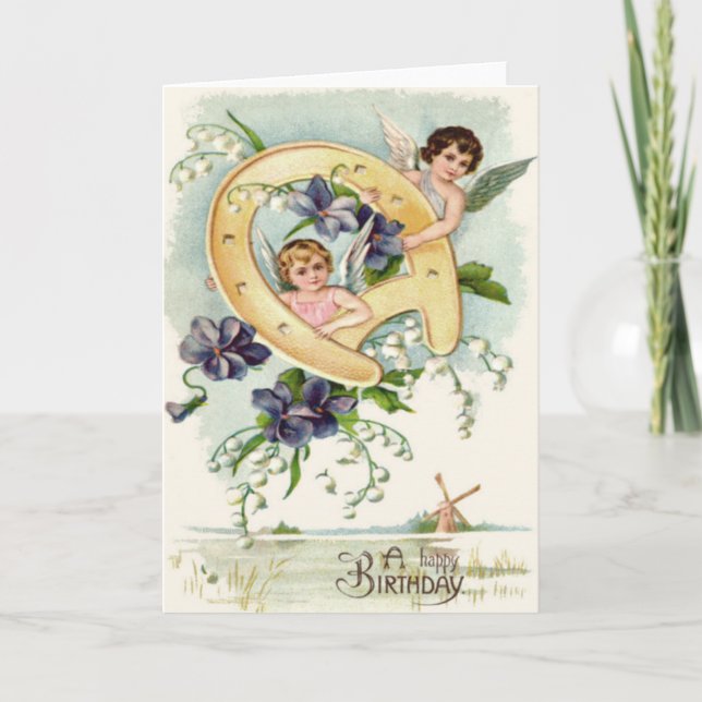 Angel Cherub Horseshoe Forget-Me-Not Card (Front)