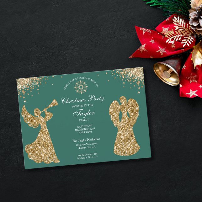 Angel Christmas Tree Family Dinner Party Invitation (religious family christmas party invitation with green background and gold trumpet angels)