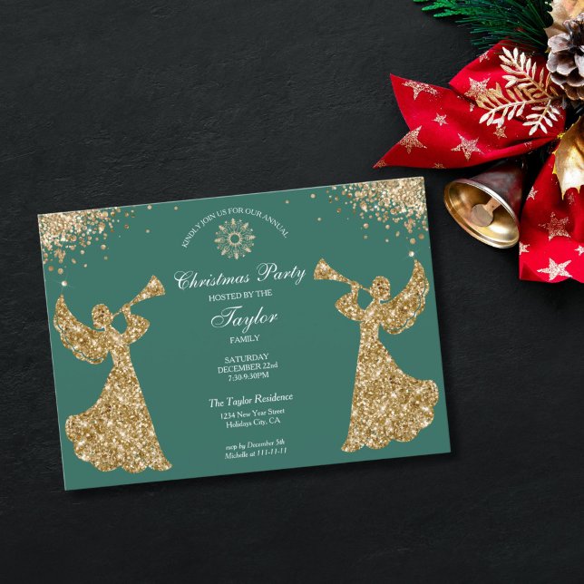 Angel Christmas Tree Family Dinner Party Invitation (religious family christmas party invitation with green background and gold trumpet angels)