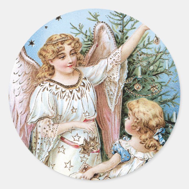 Angel Decorating the Tree Classic Round Sticker (Front)