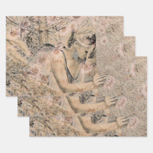 Angel Elegant Boho Antique Sepia Floral Wrapping Paper Sheet