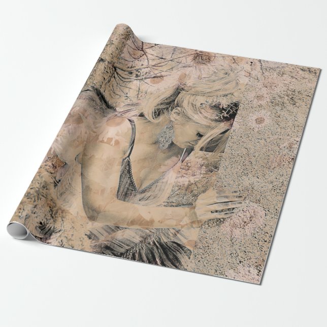 Angel Elegant Boho Floral Sepia Antique Wrapping Paper (Unrolled)