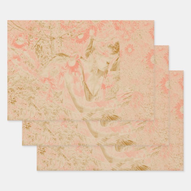 Angel Elegant Heavenly Sepia Pink Floral Antique Wrapping Paper Sheet (Set)