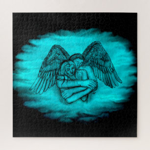 Angel Eros in Love , black and green design Jigsaw Puzzle