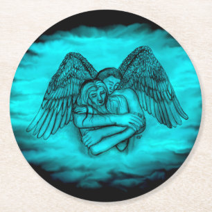 Angel Eros in Love , black and green design Round Paper Coaster