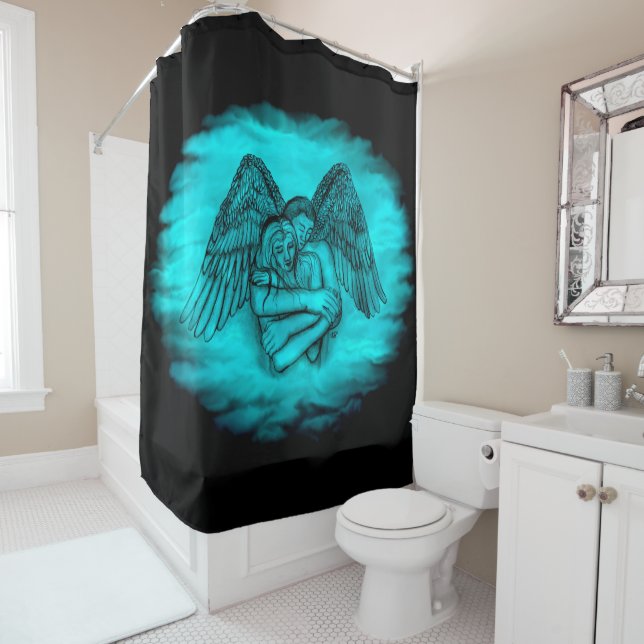 Angel Eros in Love , black and green design Shower Curtain (In Situ)