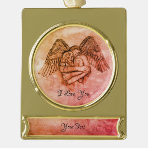 Angel Eros in Love , I Love You Gold Plated Banner Ornament