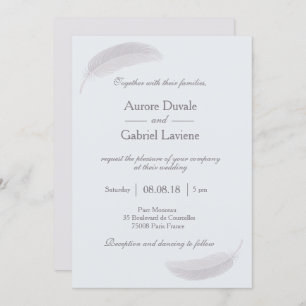 Angel feather baby blue white grey elegant wedding invitation