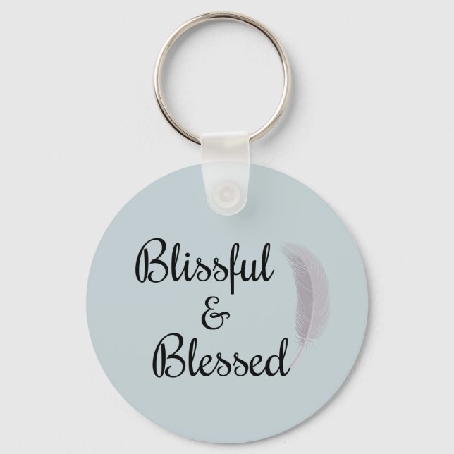 Angel Feather Blissful Blessed Zen Dusty Blue Key Ring (Front)