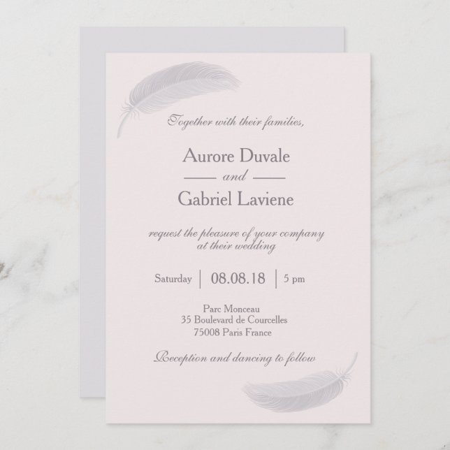 Angel Feather Blush Pink Grey Elegant Wedding Invitation (Front/Back)