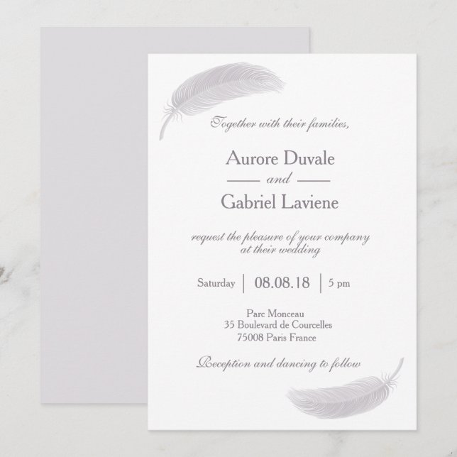 Angel Feather Lilac White Grey Elegant Wedding Invitation (Front/Back)