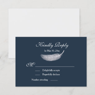 Angel Feather Navy Blue White Wedding RSVP Invitation