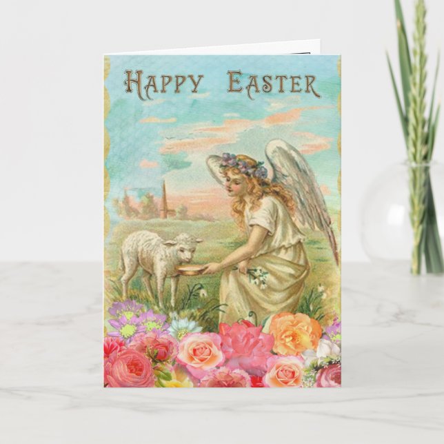Angel Feeding Lamb. Easter Card. Holiday Card (Front)