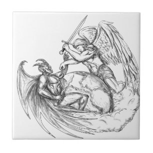 Angel Fighting Demon over Earth World Tattoo Tile