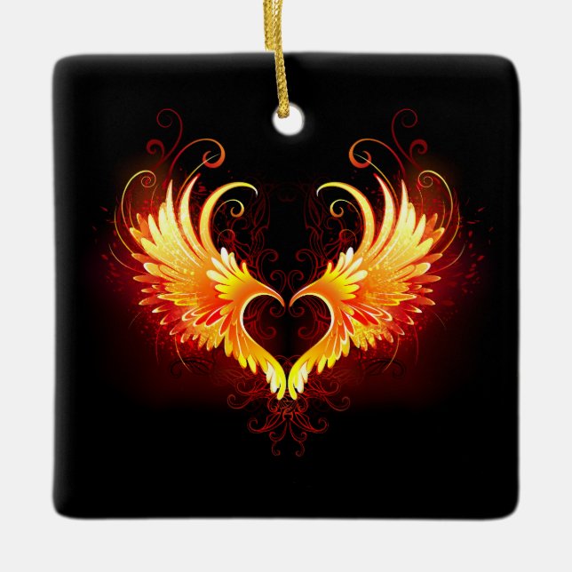 Angel Fire Heart with Wings Ceramic Ornament (Front)