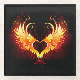 Angel Fire Heart with Wings Glass Coaster
