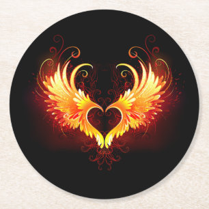 Angel Fire Heart with Wings Round Paper Coaster