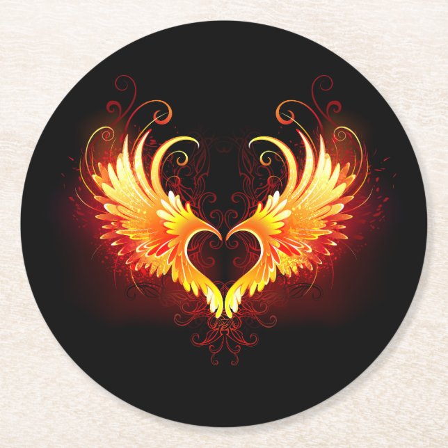 Angel Fire Heart with Wings Round Paper Coaster (Front)