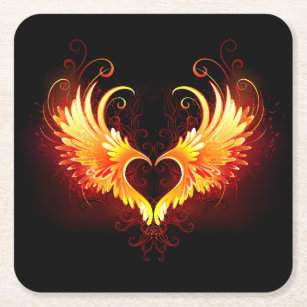 Angel Fire Heart with Wings Square Paper Coaster