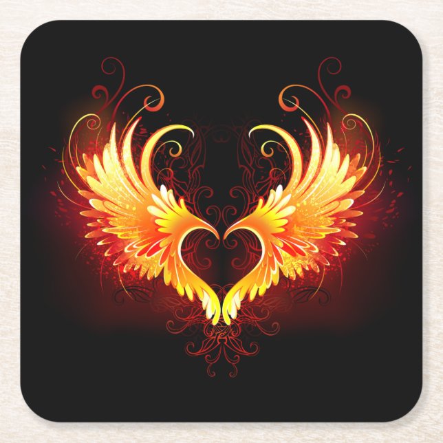 Angel Fire Heart with Wings Square Paper Coaster (Front)