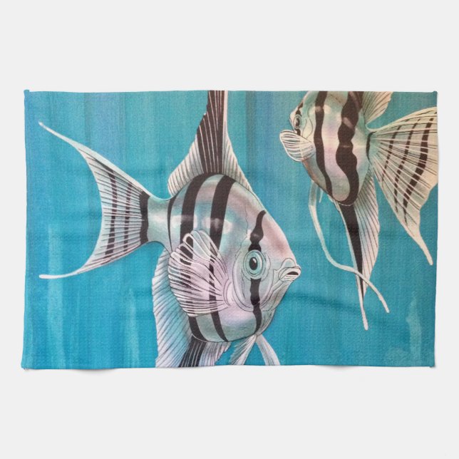 Angel fish on pretty blue background oil painting tea towel (Horizontal)