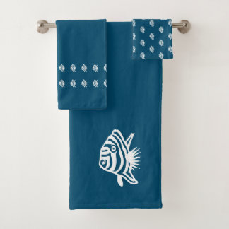Angel fish  Sea Blue & white coastal deco Bath Towel Set