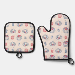 Angel Food Cake Toile Oven Mitt & Pot Holder Set
