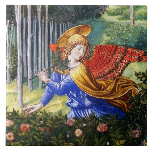 Angel Gathering Flowers in a Heavenly Landscape Ceramic Tile (Front)