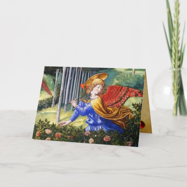 Angel Gathering Flowers in a Heavenly Landscape Holiday Card (Front)