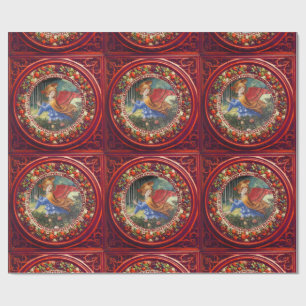 Angel Gathering Flowers Red Floral Crown Christmas Wrapping Paper