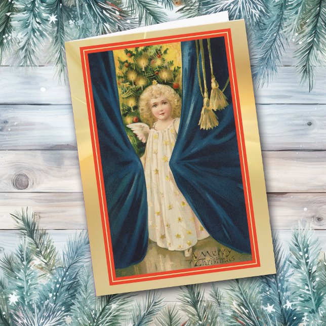 Angel Girl Blue Drapes Vintage Christmas Card (Creator Uploaded)