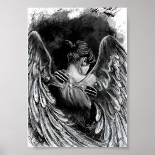 Angel Girl Poster - Black and White Painting