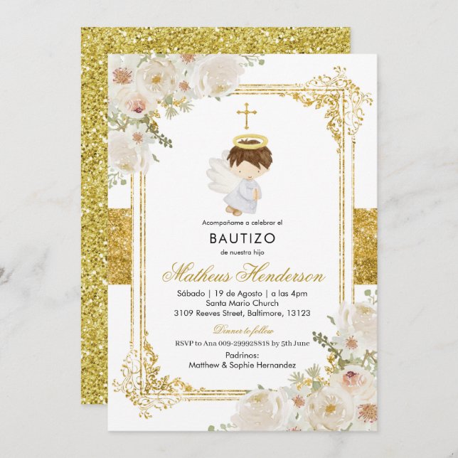 Angel Gold Bautizo Invitation (Front/Back)
