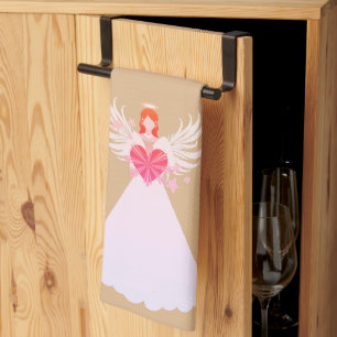 Angel Heart Stars Wings Halo Pink Beige Tea Towel