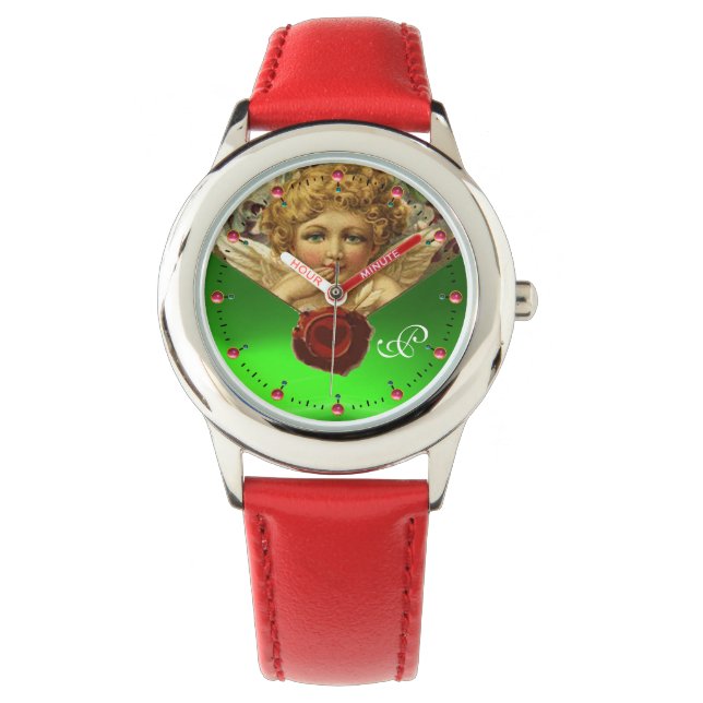 ANGEL HEART WAX SEAL,GREEN EMERALD GEM MONOGRAM WATCH (Front)