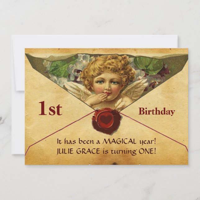 ANGEL HEART WAX SEAL PARCHMENT First Birthday Invitation (Front)