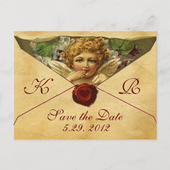ANGEL HEART WAX SEAL PARCHMENT Monogram Announcement Postcard (Front)