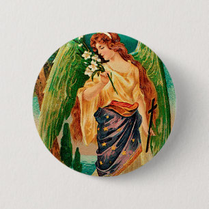 Angel holding a floral branch 6 cm round badge