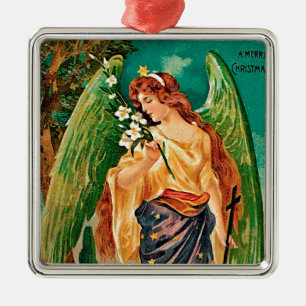 Angel holding a floral branch metal tree decoration
