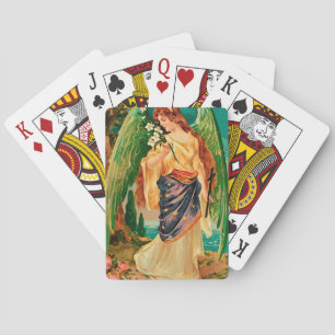 Angel holding a floral branch playing cards