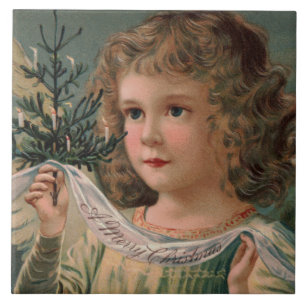 Angel Holding a Tiny Candlelit Christmas Tree Ceramic Tile