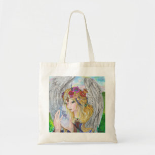 Angel holding a unicorn tote bag