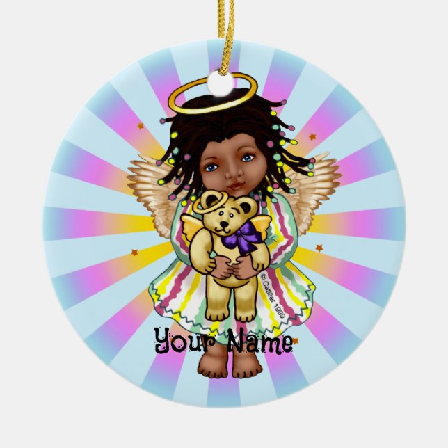 Angel Holding Bear Ceramic Ornament (Front)