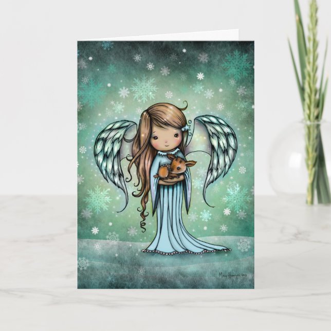 Angel holding Fawn Holiday Christmas Card (Front)
