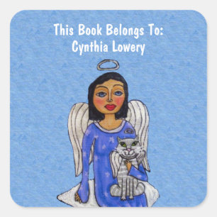 Angel Holding White Cat Angel Blue Dress Cloud Square Sticker