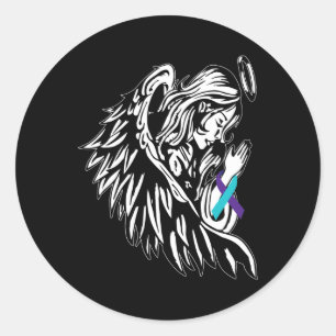 Angel Holds Teal Purple Ribbon Suicide Prevention  Classic Round Sticker