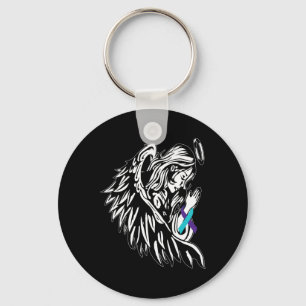 Angel Holds Teal Purple Ribbon Suicide Prevention Key Ring